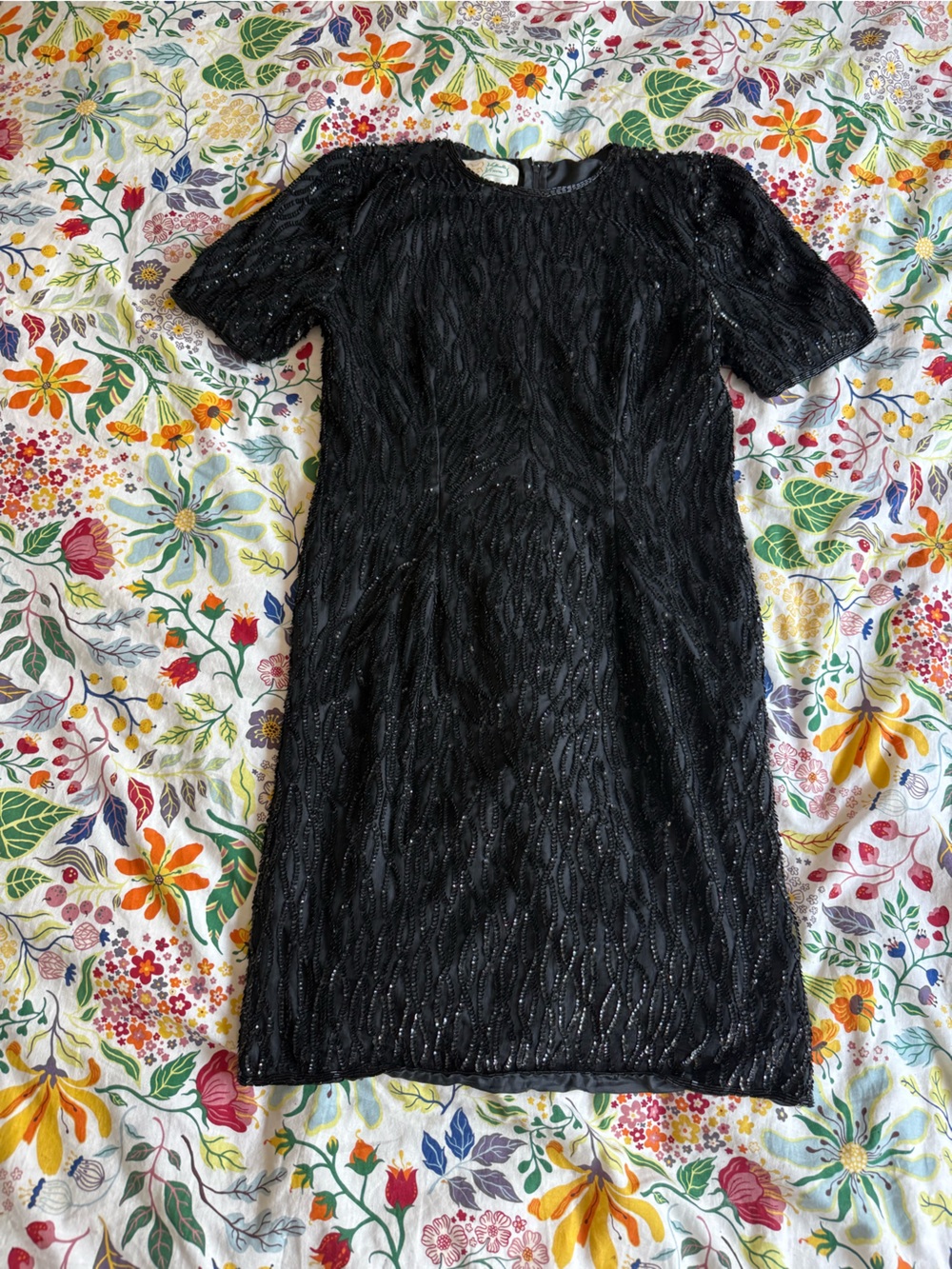 Black Beaded Short-Sleeve Cocktail Dress - vintage
